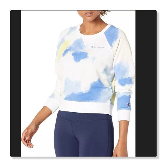 Champion Tops - 😎 CHAMPION 😎 Tie Dye French Terry Cropped Sweatshirt - [Small, Yellow/Blue]